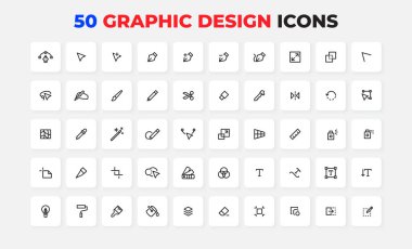 Temel grafik düzenleme becerilerini gösteren 50 çizgili tasarım aracı simgesi koleksiyonu, dijital arayüzler, yaratıcı medya ve profesyonel tasarım sunumları için mükemmel.