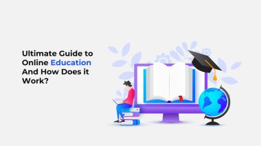 Çevrimiçi eğitim illüstrasyonunda, e-öğrenim kavramlarını ve dünya çapında erişimi vurgulayan bir kişi, açık kitap, dünya ve ikonlar yer alıyor..