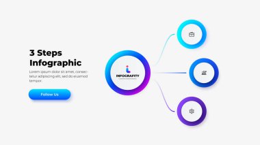 Infographic, gradyan dairesel elementler ve simgelerle üç aşamalı bir iş akışı gösteriyor. Kurumsal görsel sunumlar, veri genel değerlendirmeleri ve iş akışı belgeleri için ideal.