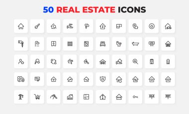 Çeşitli emlak kavramları, emlak unsurları ve konut yapılarını tasvir eden 50 adet minimalist sanat simgesi. Tasarım projeleri, pazarlama materyalleri ve emlak sunumları için ideal.