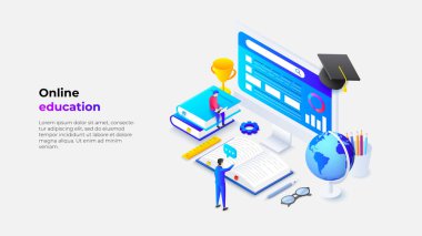 Eğitimi dijital platformlar aracılığıyla tasvir eden Isometric illüstrasyon, dijital çağda erişilebilirliği ve ileri öğrenimi sembolize eden kitaplar, bir küre ve bir bilgisayar monitörü gibi elementlerle..