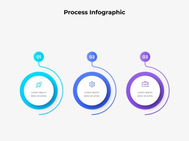 Üç adımlı dairesel formata ve modern tasarım elemanlarına sahip profesyonel bilgi. İş akışlarını, süreçleri veya iş stratejilerini yaratıcı ve görsel olarak meşgul edici yollarla sunmak için ideal.