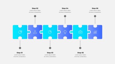 Renkli yapboz parçaları yatay olarak düzenlenmiş, her biri sunum ve pazarlama için uygun, planlama, yenilik ve büyüme gibi eşsiz bir iş konseptini sembolize eden altı ardışık adımdır..
