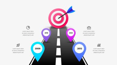 Stylize yol, kilometre taşı iğneleriyle pembe bir hedefe doğru uzanıyor. Ticari hedefler, büyüme, ilerleme ve stratejik planlama için mükemmel.