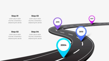 Dolambaçlı otoyol eğrisi, 2004-2027 yılları arasındaki kilometre taşlarını gösteren ve ilerleme ve yolculuğu sembolize eden canlı harita iğnelerine sahiptir. Ticari zaman çizelgeleri, görsel planlama ve dönüm noktası anlatımı için ideal.