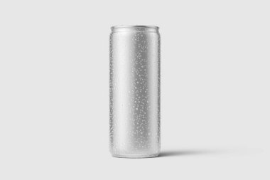Alüminyum içecekler 250 ml 'lik su damlası şablonu, açık gri arka planda izole edilmiş. Yüksek çözünürlük.