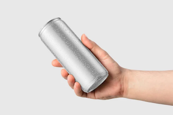 Aluminium Drink Can 250Ml Water Drops Hand Mockup Template Isolated — Stock Photo, Image