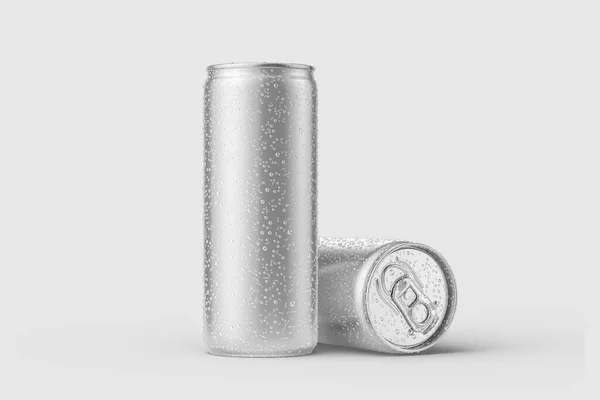 两种铝饮料可以250毫升的水滴模型模板 分离在浅灰背景 高分辨度 — 图库照片