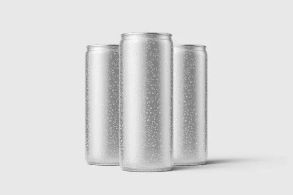 Três Bebidas Alumínio Pode 250Ml Com Gotas Água Modelo Mockup — Fotografia de Stock