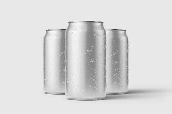 Three Aluminium Drink Can 330Ml Water Drops Mockup Template Isolated — Stock Photo, Image