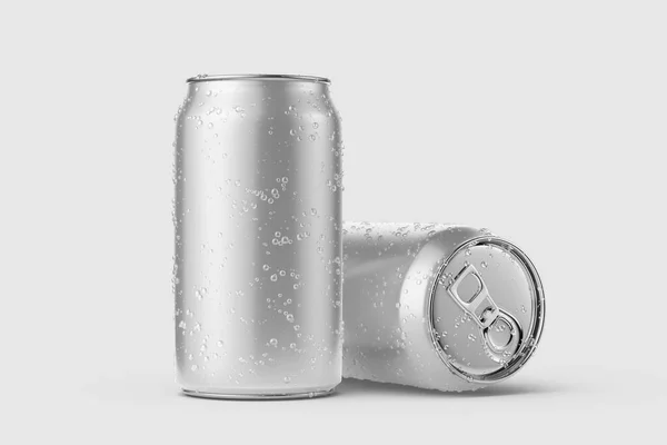 Twee Aluminium Drinkkan 330Ml Met Waterdruppels Model Geïsoleerd Lichtgrijze Achtergrond — Stockfoto