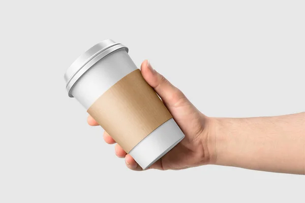 Paper Coffee Cup Sleeve Hand Mockup Template Isolated Light Grey — Stock Photo, Image