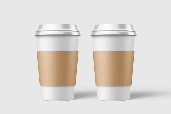 Twee Papieren Koffiebekers Met Mockup Sjabloon Geïsoleerd Lichtgrijze Achtergrond Hoge — Stockfoto