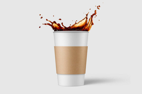 Paper coffee cup with sleeve and coffee splash mockup template, isolated on light grey background. High resolution.