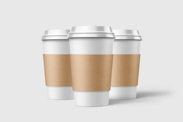 Tre Papper Kaffekopp Med Ärm Mockup Mall Isolerad Ljusgrå Bakgrund — Stockfoto
