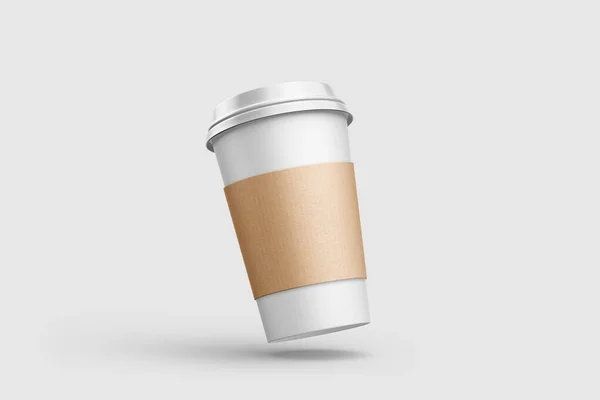 薄いグレーの背景に隔離されたスリーブモックアップテンプレートと紙コーヒーカップ 高解像度 — ストック写真