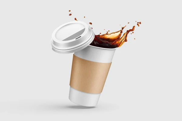 纸杯咖啡与袖子和咖啡飞溅模型模板 隔离在浅灰背景 高分辨度 — 图库照片