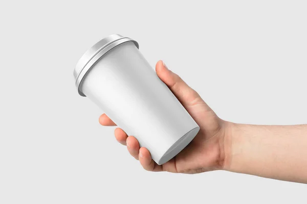 Paper Coffee Cup Plastic Cap Hand Mockup Template Isolated Light — Stock Photo, Image
