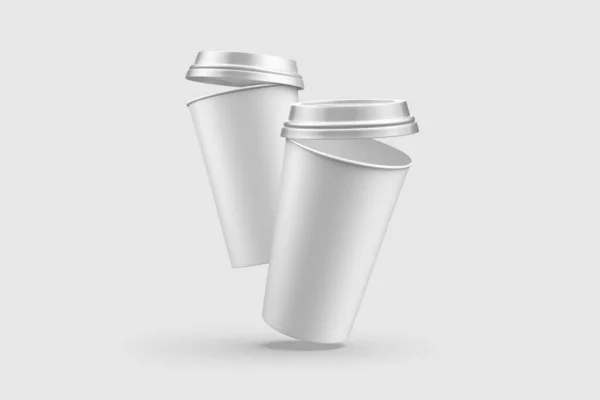 Twee Papieren Koffiebekers Met Plastic Dop Model Geïsoleerd Lichtgrijze Achtergrond — Stockfoto