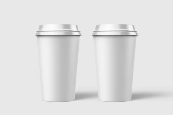Две Бумажные Кофейные Чашки Пластиковым Макетом Крышки Изолированные Светло Сером — стоковое фото