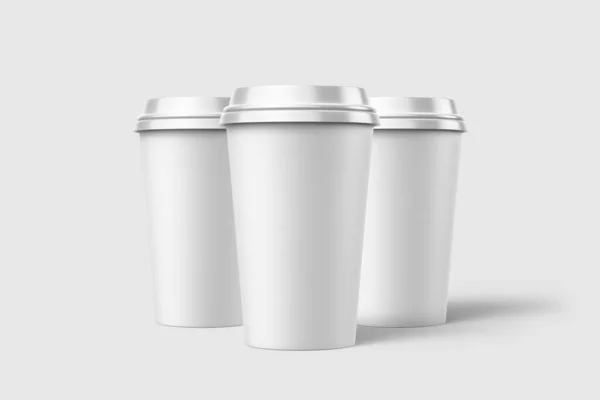 Три Бумажные Кофейные Чашки Пластиковым Макетом Крышки Изолированные Светло Сером — стоковое фото