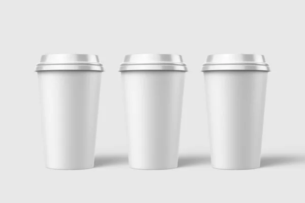 Három Papír Csésze Csésze Műanyag Kupak Mockup Sablon Izolált Világosszürke — Stock Fotó