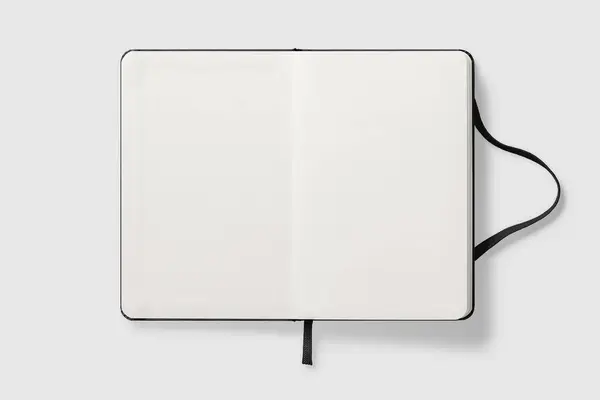 在透明的背景上隔离的黑色皮革笔记本模型的顶部视图 Png 高分辨度 — 图库照片