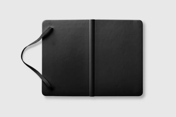 Vista Superior Una Maqueta Cuaderno Cuero Negro Aislada Sobre Fondo — Foto de Stock