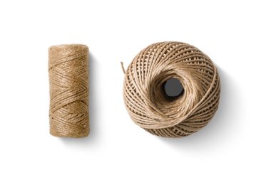 Top view of a natural jute twine string ball and roll isolated on a white background. High resolution.  clipart