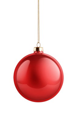 Beyaz arka planda izole edilmiş kurdeleli gerçekçi kırmızı parlak noel balosu. Üç boyutlu illüstrasyon. Yüksek çözünürlük. 