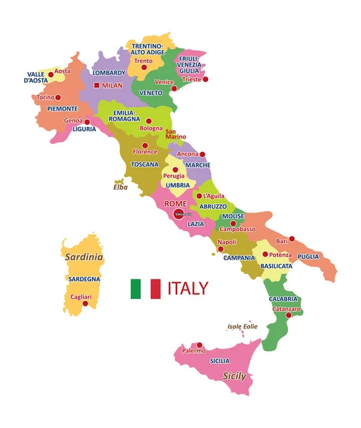 Kleurrijke Vector Italië Kaart Met Regio Grote Steden — Stockvector