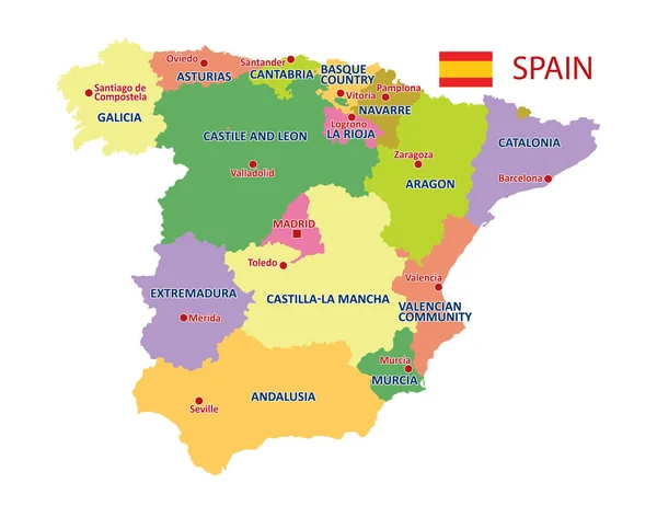 Векторная Карта Испании Красочная Политическая Карта Испании Регионами Основными Городами — стоковый вектор