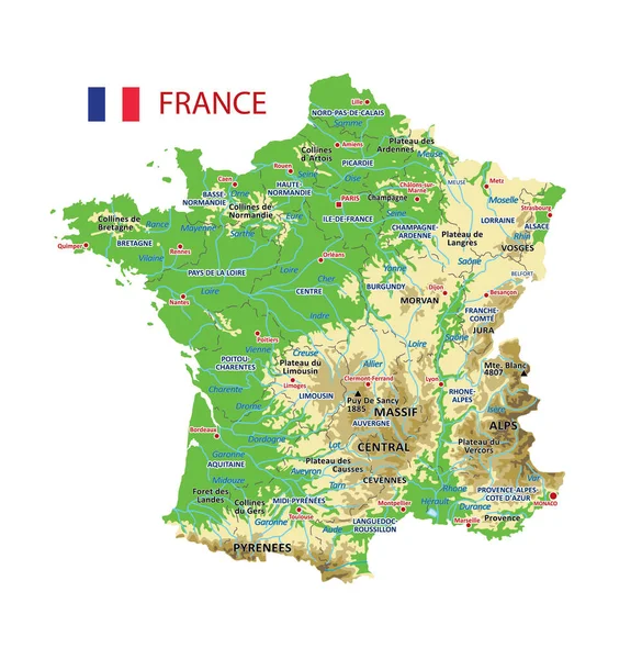Векторна Географічна Карта Франції Високі Детальні Атли Франції Горами Гірськими — стоковий вектор