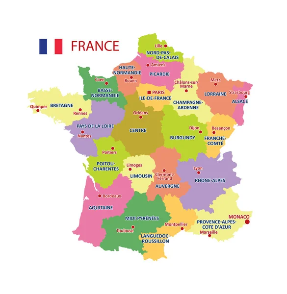 Franciaország Vektortérképe Részletes Közigazgatási Egységekkel Határokkal Város Régiónevekkel Valamint Élénk — Stock Vector