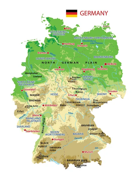 Mapa Físico Alemanha Com Regiões Rios Lagos Montanhas Topografia Ilustração Vetores De Stock Royalty-Free
