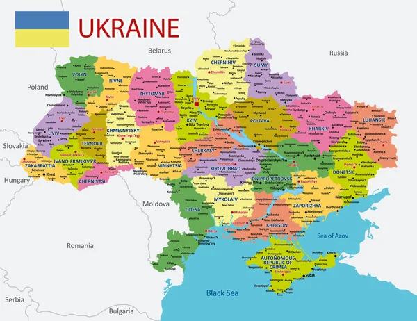 Political Map Ukraine Borders Regions Administrative Detailed Map Ukraine Cities — Διανυσματικό Αρχείο