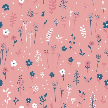 Çiçeklerle, dallarla, kır çiçekleriyle, yapraklarla ve diğerleriyle kusursuz desenler. Kumaş, ambalaj, tekstil, duvar kâğıdı, arka plan giysileri ve diğerleri için yaratıcı arkaplan dokusu. El çizimi bitkiler ve kır çiçekleri
