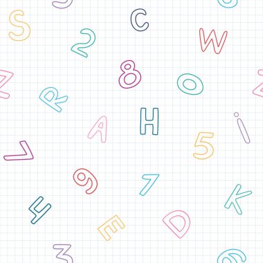 Komik renkli karalama çizimleri, harfler, okul ya da anaokulu için çizilmiş matematik kağıtlarındaki numaralar. Çocuksu el çizimi tekrarlama kalıbı. Okula geri dön.