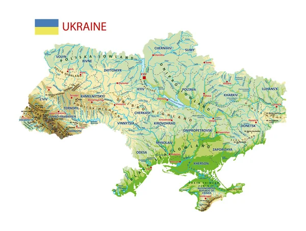 Ukrayna 'nın topografik haritası. Bölgeler sınırları olan Ukrayna 'nın coğrafi haritası. Etiketli yüksek detaylı Ukrayna fiziksel haritası. Nehirleri, gölleri, denizleri, dağları ve ovaları olan Ukrayna Atlası.