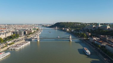 Stunning aerial view of Budapest, Hungary, showcasing the famous Chain Bridge crossing the Danube River and the city historic skyline