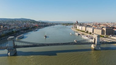 Beautiful aerial view of Budapest with the iconic Chain Bridge spanning the Danube River, showcasing the city timeless architecture and charm.