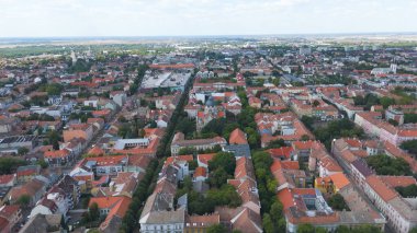 Beautiful aerial view of Szegeds synagogue highlighting its intricate design with the city skyline