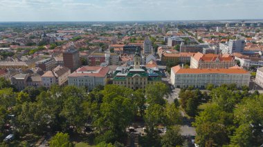Beautiful drone view of Szeged City Hall highlighting its historic facade and surrounding urban landscape