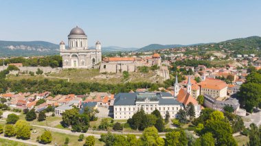 Beautiful drone view of the Esztergom Basilica with nearby historic landmarks and city streets from above