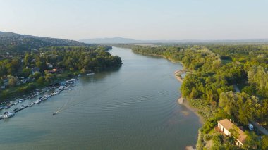 Aerial view of the Danube River in Szentendre Hungary surrounded by lush greenery and natural landscape