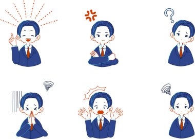 Takım elbiseli bir insanın çeşitli yüz ifadelerinin çizimleri.