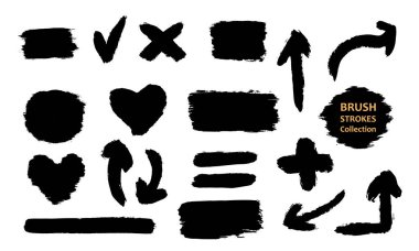 Farklı fırça darbelerinin geniş bir kümesini yönlendir. Kirli sanat tasarım elementleri beyaz arka planda izole edildi. Siyah mürekkep vektör fırça darbeleri