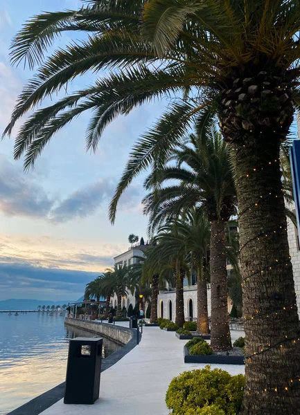 Christmas eve installation in the Porto Montenegro marina, Tivat. New Year mood. Christmas palm trees in decorations. Bay of Kotor.