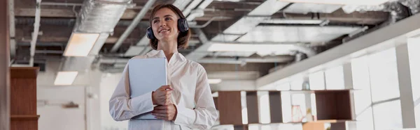 Attractive Business Woman Headphones Laptop Standing Modern Office High Quality — Foto de Stock