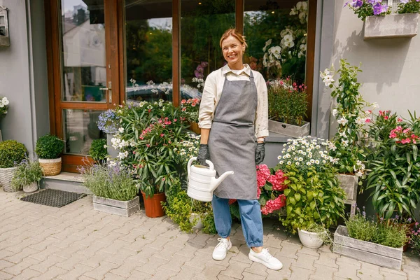 Smiling Woman Florist Taking Care Plant Watering Floral Shop Small — Stock Photo, Image